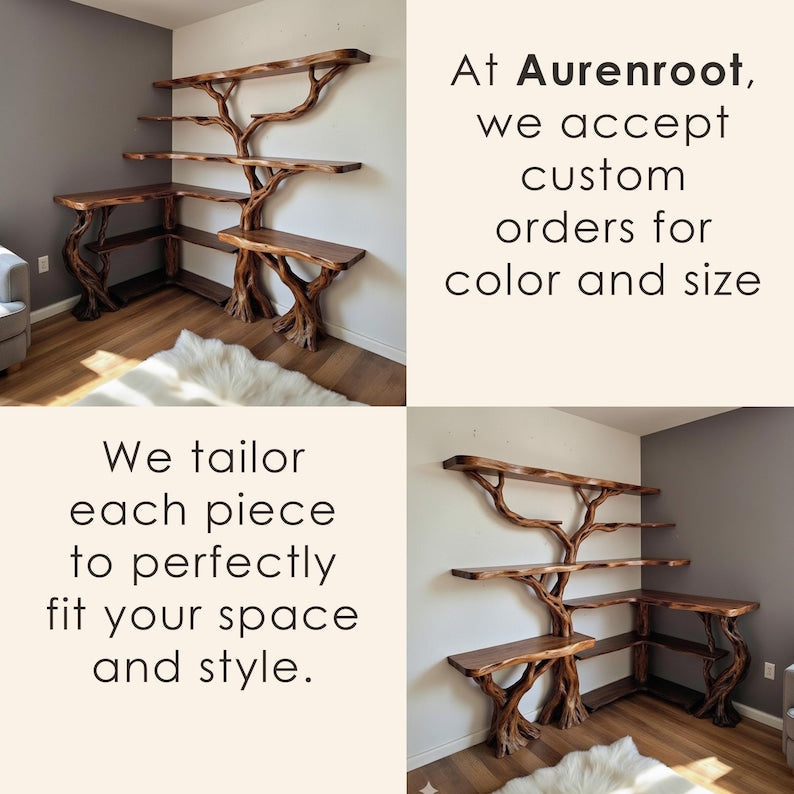 Tree Branch Solid Wood Floating Corner Bookshelf