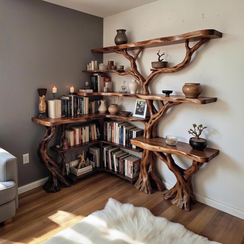 Tree Branch Solid Wood Floating Corner Bookshelf