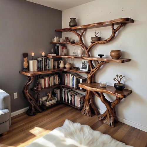 Tree Branch Solid Wood Floating Corner Bookshelf