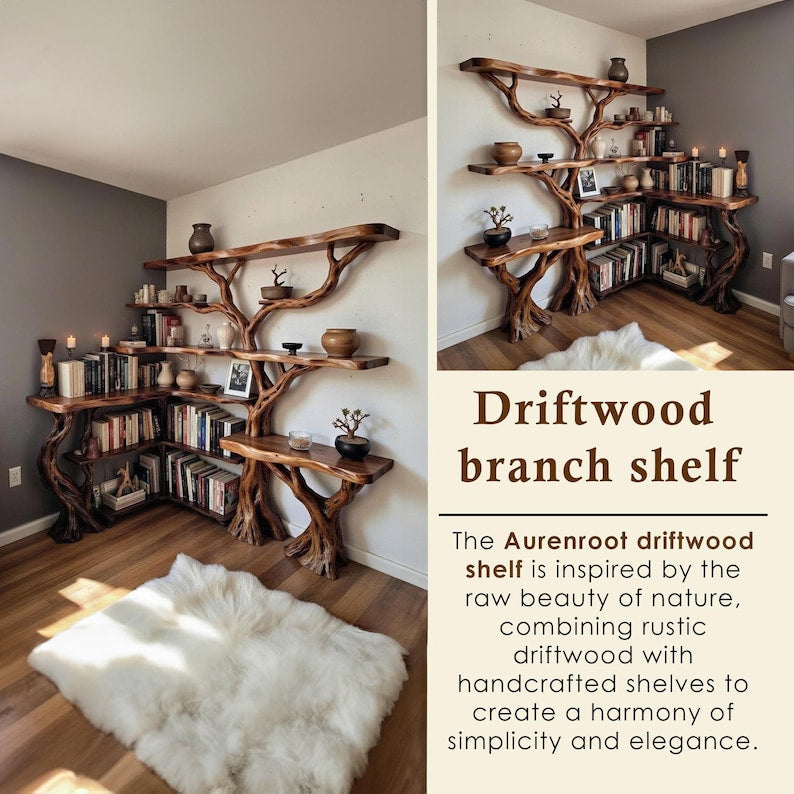 Tree Branch Solid Wood Floating Corner Bookshelf