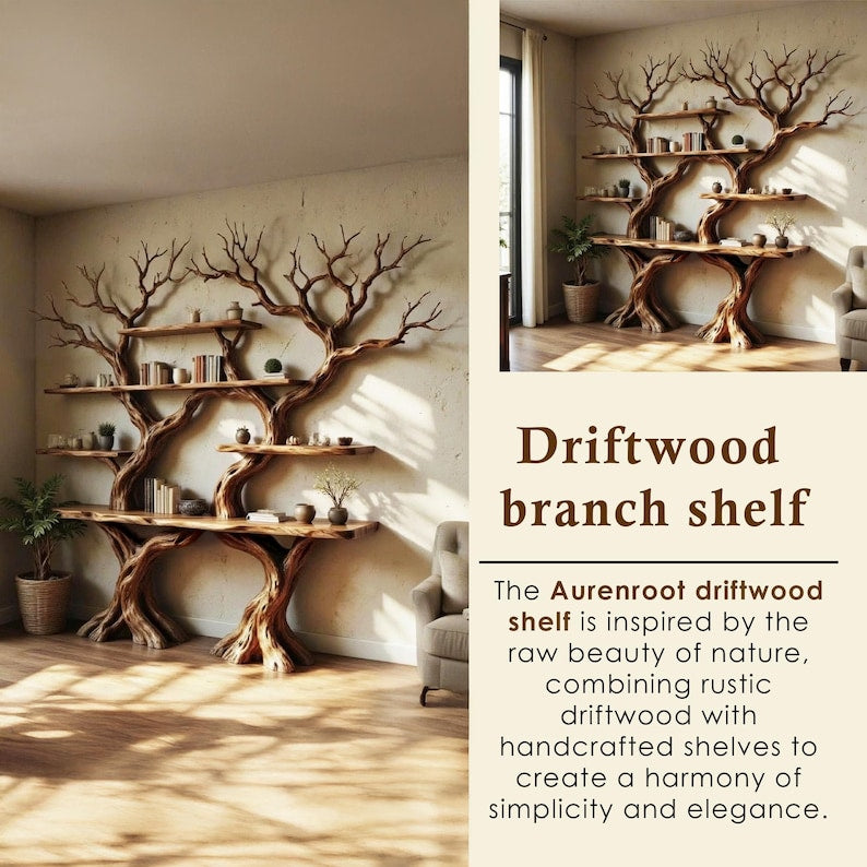 Tree Branch Bookshelf Handcarved Solid Wood Driftwood Wall Shelf