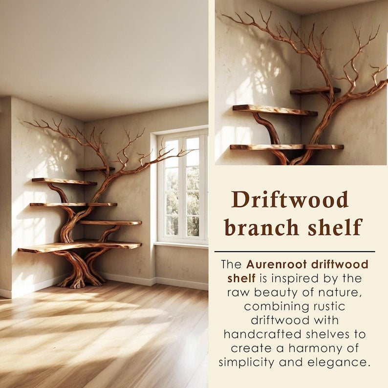 Tree Branch Solid Wood Floating Corner Bookshelf