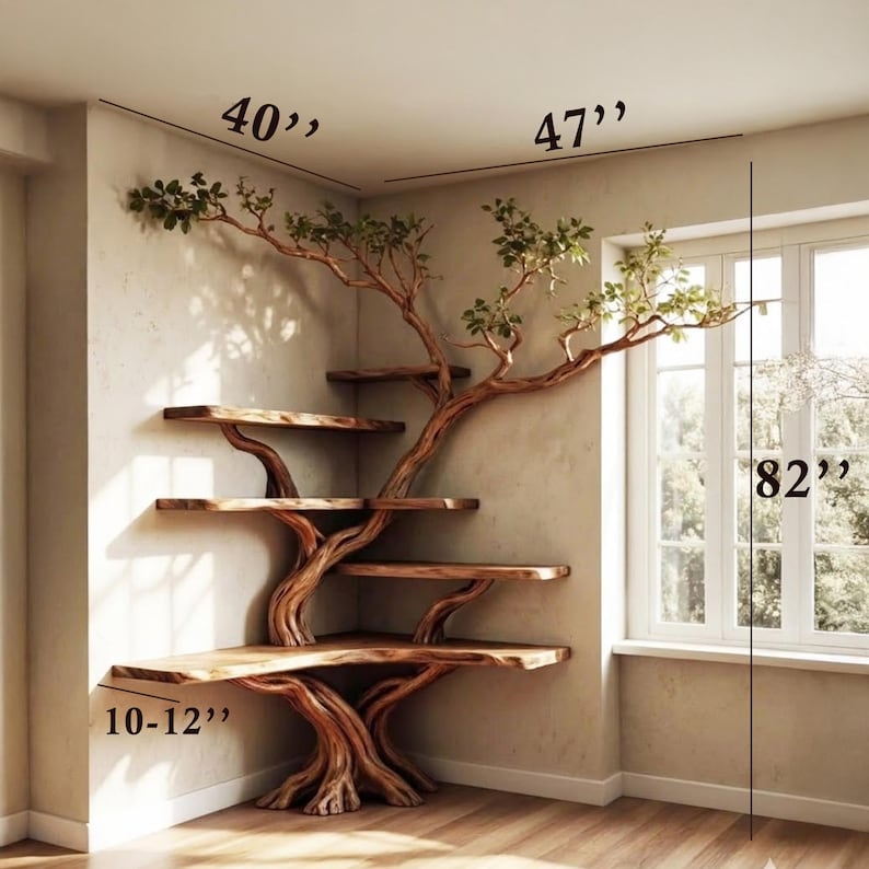 Tree Branch Solid Wood Floating Corner Bookshelf