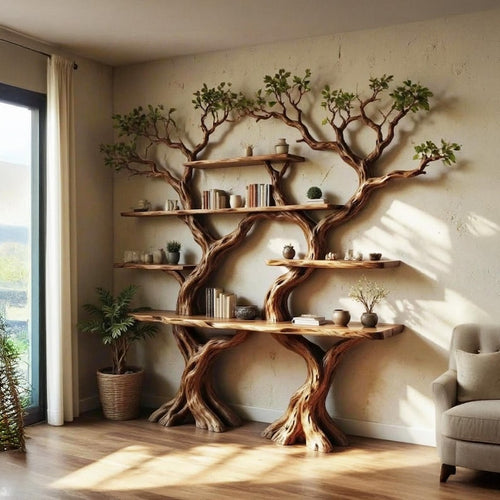 Tree Branch Bookshelf Handcarved Solid Wood Driftwood Wall Shelf