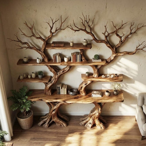 Tree Branch Bookshelf Handcarved Solid Wood Driftwood Wall Shelf