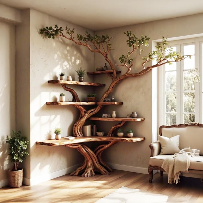 Tree Branch Solid Wood Floating Corner Bookshelf