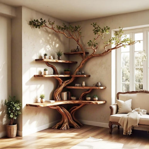 Tree Branch Solid Wood Floating Corner Bookshelf