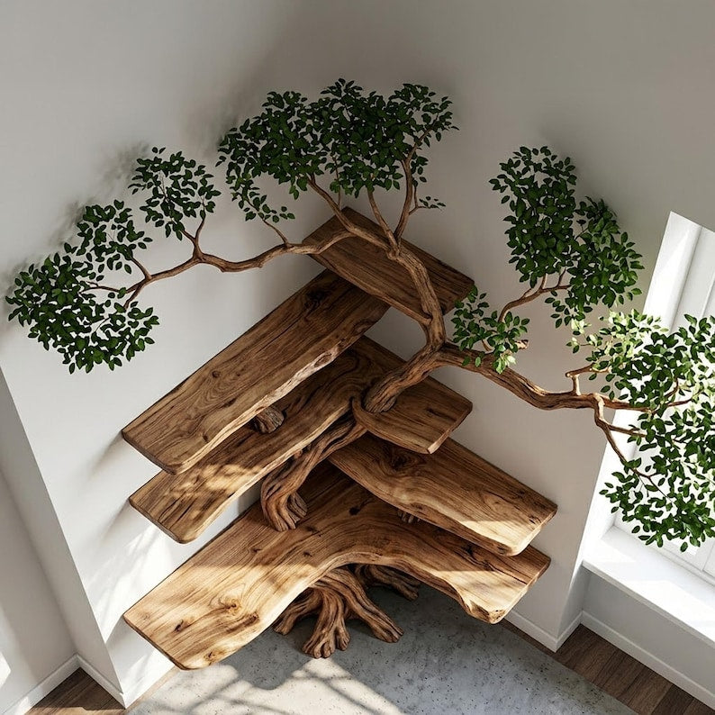 Tree Branch Solid Wood Floating Corner Bookshelf